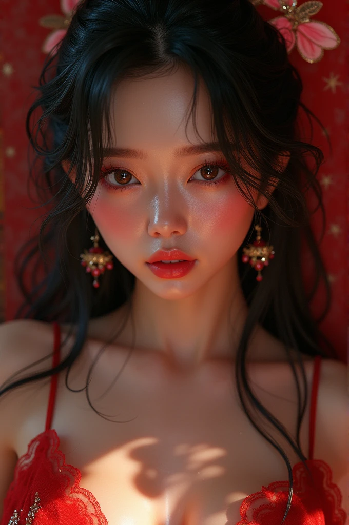 sweat on body, full-face blush,corruption,Sparkling eyes,Masterpiece, absurdres, fine detail, HDR, highly detailed face and eyes, photorealistic,yunyun, (8k, best quality, masterpiece:1.2), ultra-detailed, extremely detailed cg 8k wallpaper,fashion, (crystalstexture skin:1.2), (extremely delicate and beautiful), (masterpiece, best quality:1.2),1girl, solo, narrow waist, wide hips, very long hair, (large breasts:1.4),(looking at viewer:1.2), natural lighting