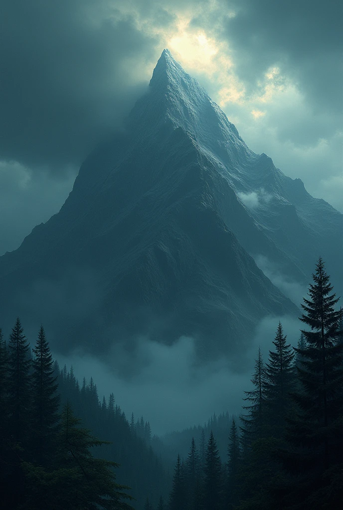 Une montagne imposante et mystérieuse s'élève sous un ciel orageux. Des nuages sombres tourbillonnent autour du sommet, cachant partiellement la montagne. Les flancs de la montagne sont recouverts de forêts épaisses, avec des créatures fantastiques comme des griffons et des serpents géants à peine visibles entre les arbres. L’atmosphère est inquiétante et surréaliste, avec une lueur surnaturelle émanant du sommet.