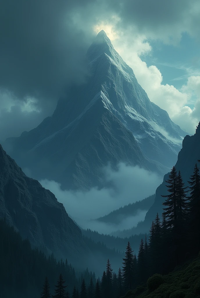 Une montagne imposante et mystérieuse s'élève sous un ciel orageux. Des nuages sombres tourbillonnent autour du sommet, cachant partiellement la montagne. Les flancs de la montagne sont recouverts de forêts épaisses, avec des créatures fantastiques comme des griffons et des serpents géants à peine visibles entre les arbres. L’atmosphère est inquiétante et surréaliste, avec une lueur surnaturelle émanant du sommet.