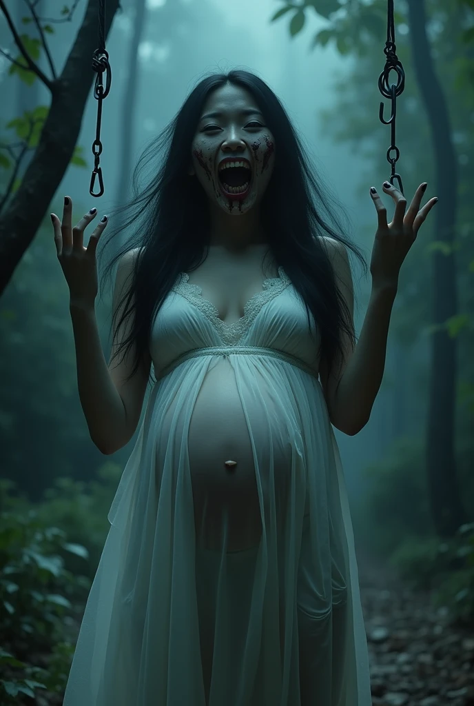 Photorealism 1.2 high definition pregnant women full  white cloth very long hair hanging at dead tree with hooks on shoulder smoke effect ugly scariest face blood Asian rain forest background dusk effect zombie face deep jungle full white dress floating in the air night dramatic view cinematography view  laugh with fangs  ugly scariest face  floating at the river moonlight 