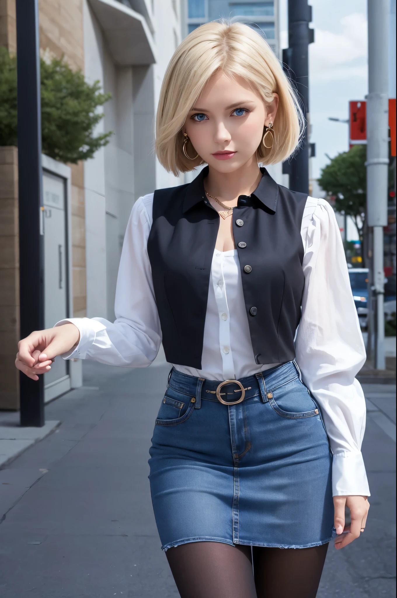 8k,Highest quality, High resolution, AND18, One Girl, Android 18, alone, Blonde, blue eyes, short hair, Earrings, jewelry, Denim dress, Open Vest, Black Pantyhose, Black Shirt, Jeans Skirt, long sleeves with stripes, Blue Skirt, Medium chest, Cowboy Shot, street, (External dilated chest: 1.2)　The body&#39;s aura is released　(Blue white light effect),Highest qualityのフォトリアリスティックRAW写真。Backlight、Cinema Lighting、Film Grain、50mm lens、Nikon D850、Realistic Skin、Fantasy art、Character Art、超High resolution、muscular and slim body、超Realistic Skin、Super Muscular Beauty,smile,Dynamic fighting pose,Clench your fist and get ready,