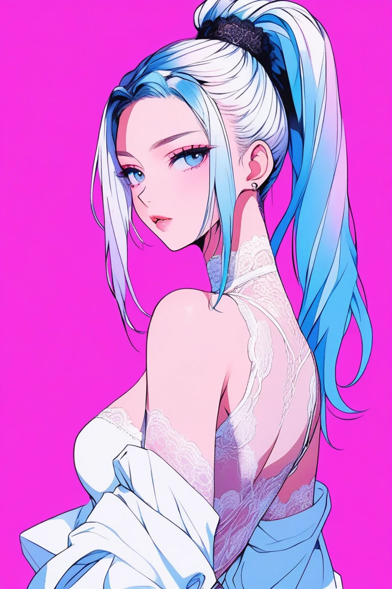 Illustrator, anime , Realistic ,sketch , 1 person, model, Age 25, lip, Sheer white lingerie, Adorned with a rich lace., order, Blue and pink gradient background, Neon Ponytail Hair, Big Breasts, look back, Upper Body, Sexy look, Texture Trim, Russia, (masterpiece,Highest quality)
