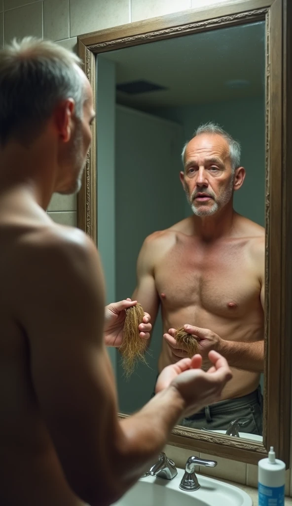Create a picture for me of a man with the beginnings of baldness, standing in front of a mirror holding a bunch of hair in your hand, he must be in the bathroom