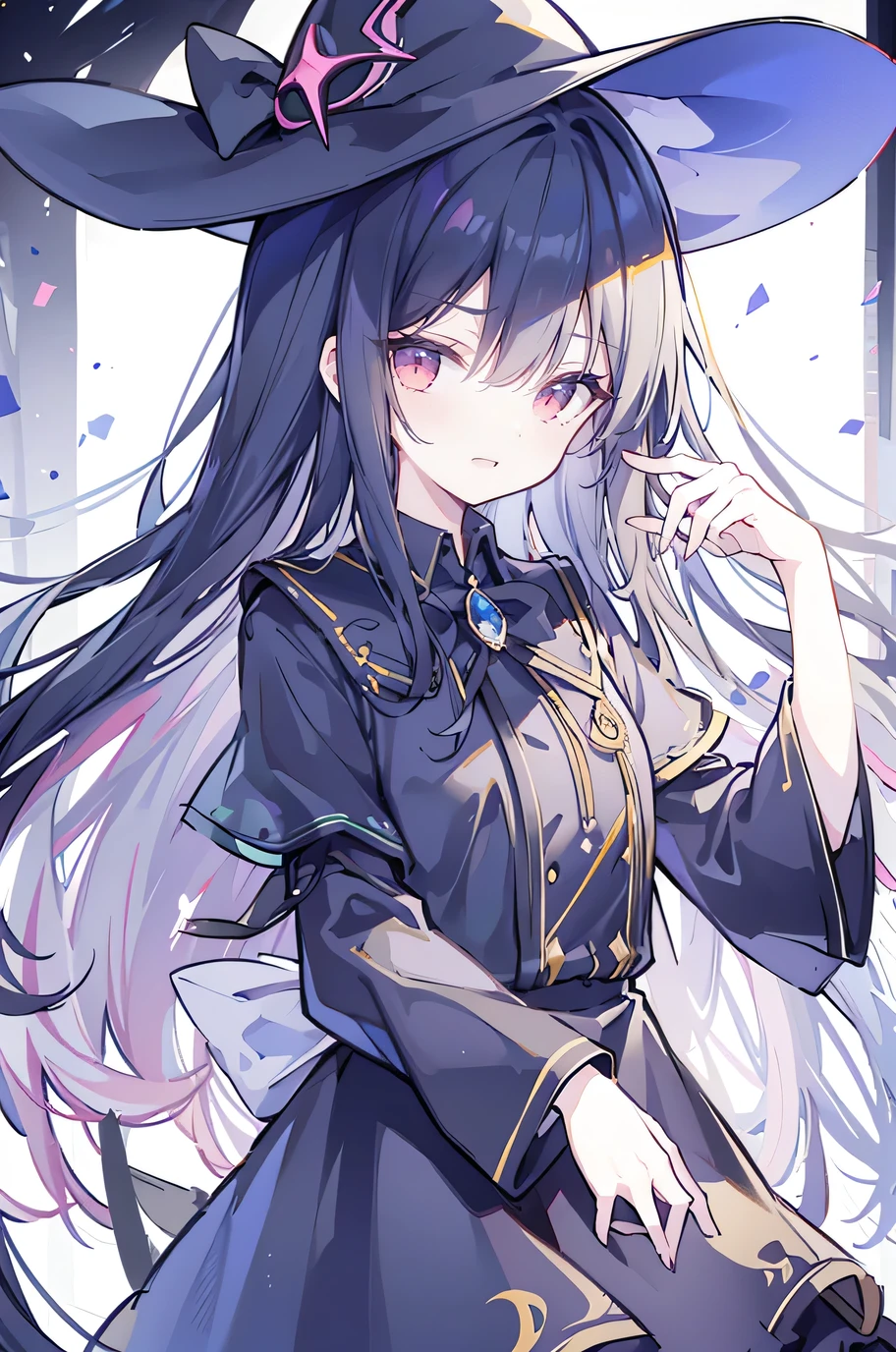 oung Girls,Humanity,A magician always smiles,big witch hat,cute,dark blue long hair,The eyes are dull,The bangs are heavy,Thin eyebrows,fantasy,intake,Double teeth,Star Theme,Constellation pattern,Solid color clothetal decoration,cloak,A bit of a dark atmosphere,A little crazy smile,When the big moon shines outside at night,blood,Hair black star embellishment,Short tie,No nails,High waist skirt,Bell sleeves,Long-sleeved shirt,Black tie,low risk,gentlemen。Mist、Yellow and white effect,Shocking pink as an accent color