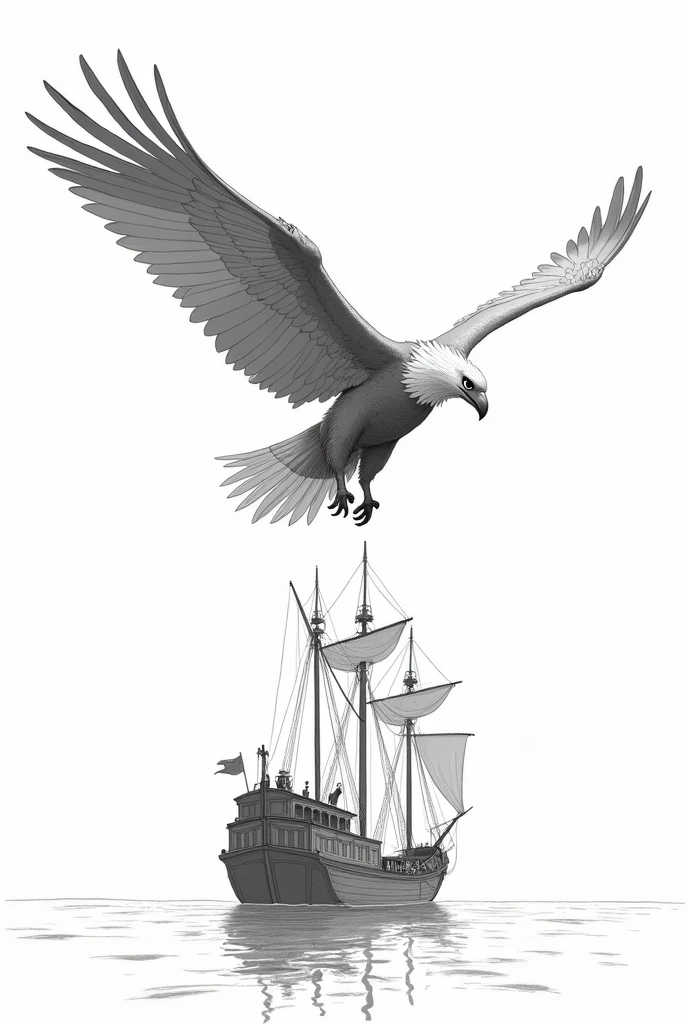 From the novel by Sinbad Jazz、Create an image of an eagle carrying Sinbad from the ship into the sky. Note that we leave spaces without filling them with color.  Please make the photo colorless and white , Draw only the outline。I don't want to paint in black and white.。