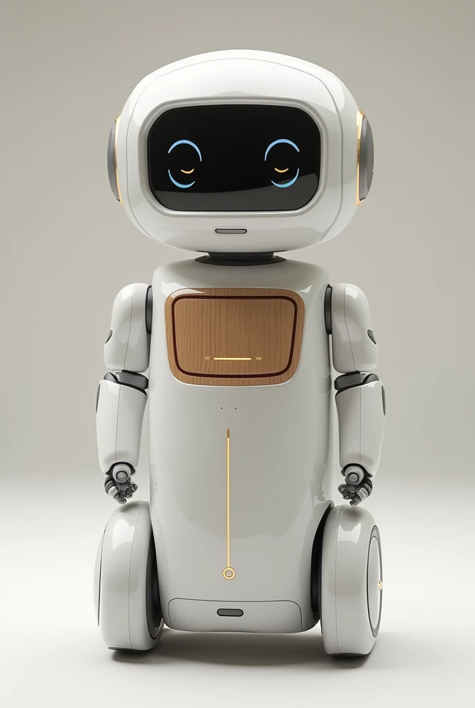 Friendly service robot has no arms nor legs. Have transparent screen display. Have hidden small wheels. have transparent cabinet that can put things in it. Have white colour and little bit of wood pattern