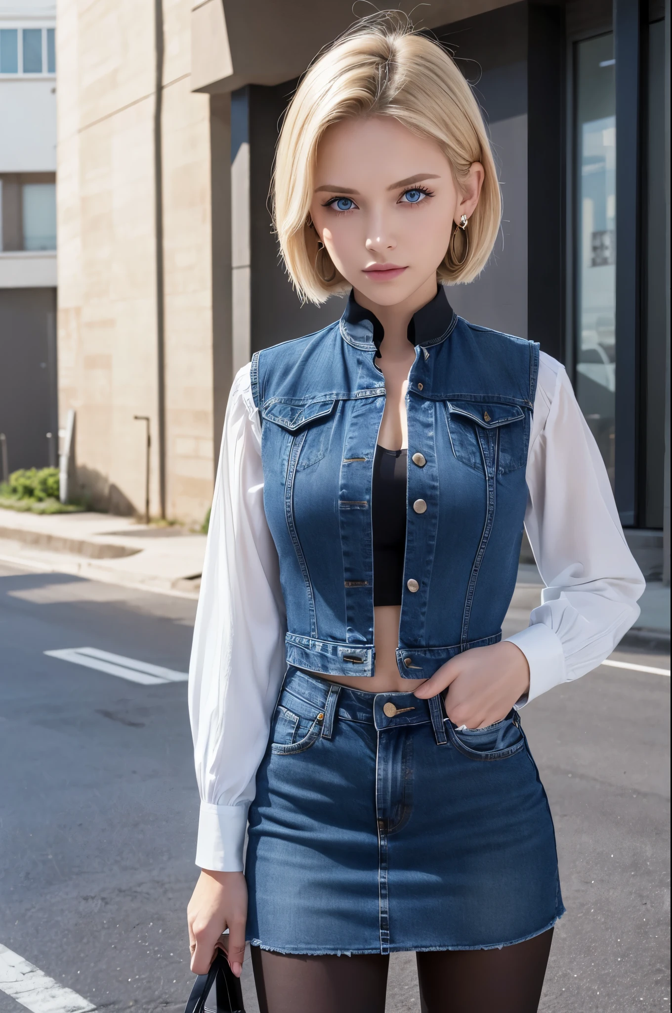 8k,Highest quality, High resolution, AND18, One Girl, Android 18, alone, Blonde, blue eyes, short hair, Earrings, jewelry, Denim dress, Open Vest, Black Pantyhose, Black Shirt, Jeans Skirt, long sleeves with stripes, Blue Skirt, Medium chest, Cowboy Shot, street, (External dilated chest: 1.2)　The body&#39;s aura is released　(Blue white light effect),Highest qualityのフォトリアリスティックRAW写真。Backlight、Cinema Lighting、Film Grain、50mm lens、Nikon D850、Realistic Skin、Fantasy art、Character Art、超High resolution、muscular and slim body、超Realistic Skin、Super Muscular Beauty,smile,Dynamic fighting pose,Clench your fist and get ready,