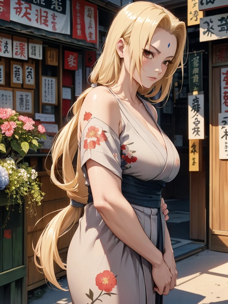 (Tsunade), 1woman, wearing a long Japanese kimono with flowers art, at a village , blonde hair, 8k, high detailed, high quality