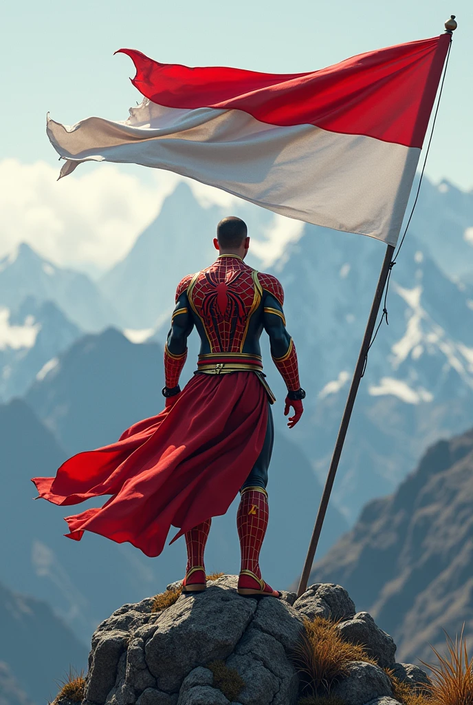 ultra realistic 3d animation wiro sableng dressed in spiderman complete with red black yellow gold clothing respectfully facing the red and white flag fluttering in the background at the top of the mountain image focus object
