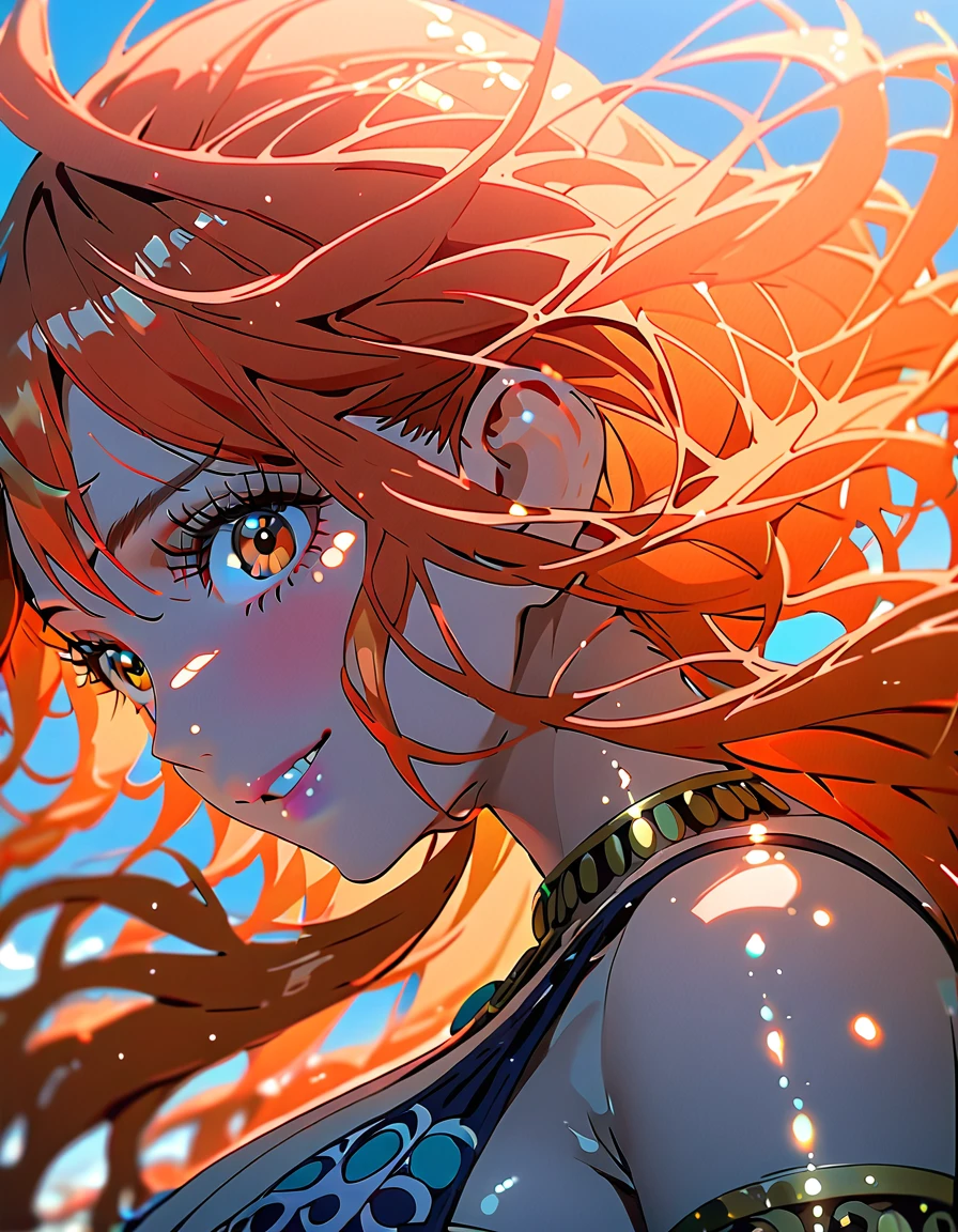 masterpiece, best quality), intricate details, 1 girl, woman, orange hair, nami \ (one piece\), (long hair), clothes, wearing belly dancer outfit, luxury house, scenery, ((side view)), ((solo)), detailed, very high resolution, no blurry image, full body, orange eyes, sligh wavy hair, ((nami from one piece)) ((female nami from one piece)), (huge breasts), smile, sexy pose