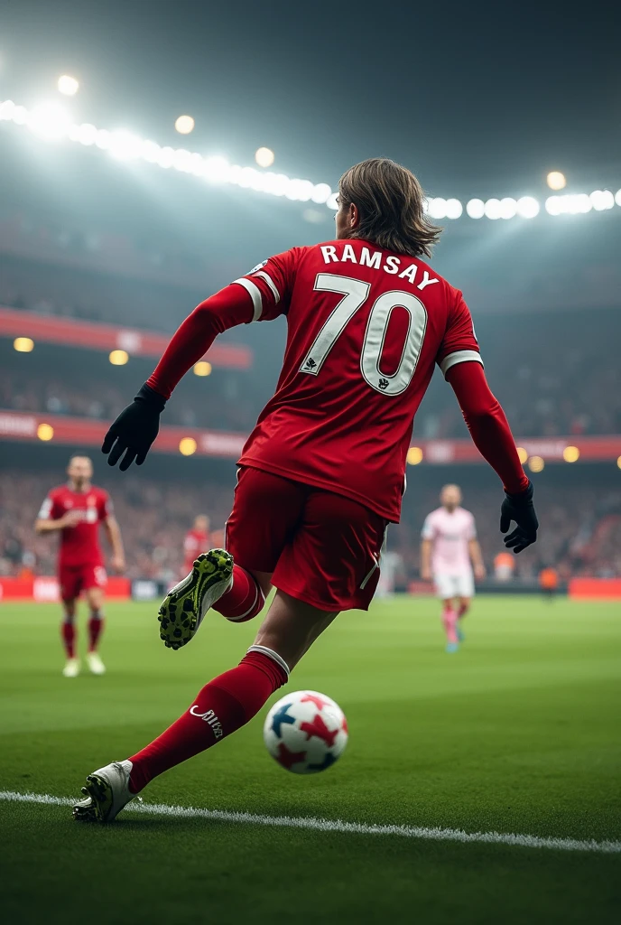 A Liverpool player called Ramsay who wears number 70 and also wears long sleeves and black gloves and has slightly long hair scoring a hat trick against Milan at San Siro