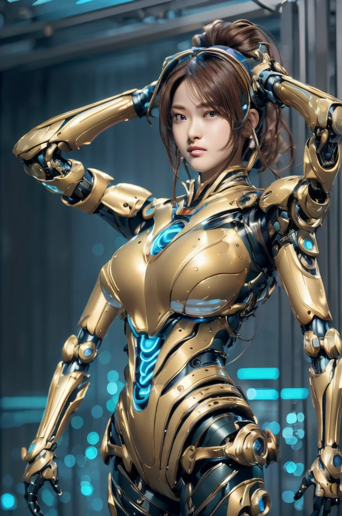 Highest quality, masterpiece, figure, (Realistic, photo-Realistic:1.37), wonderful, In detail, Incredibly absurd, Large file size, Very detailed, High resolution, Very detailed CG Unity 8k wallpaper, Very detailed目と顔, Ray Tracing, Browsing Caution, NUDE, One girl, Korean cyborg girl is innocent and young々Has a sly expression. She poses boldly with her arms raised above her head, Revealing her voluptuous figure. She is wearing a small black mecha armor top that barely covers her breasts., Exposing most of her flawless skin. Her shoulders and head have more armor detailing.、There are shining highlights, Tech Panels and Mechanisms. She is standing against a futuristic cityscape lit up with vibrant neon lights.、Standing full of energy。.