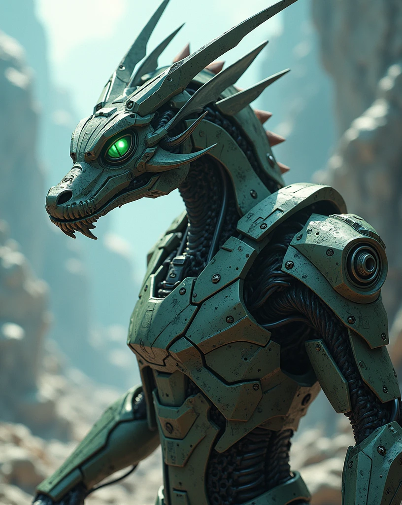 Aura Machine, Aura Battler Dunbine, humanoid cyborg dragon, oriental dragon head, full face helmet, green eyes peeking out from behind large compound eyes, 