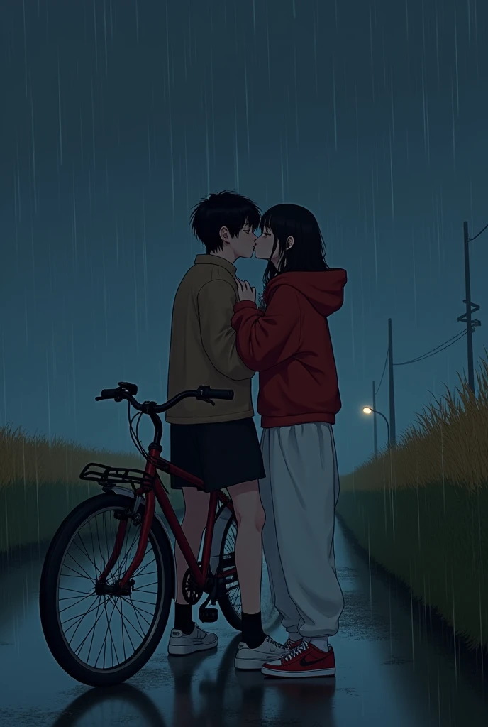 A boy and girl metting in a dark night in the road and in the side of the boy and gurl their was a cycles and it's raining and the boy sitting on a cycle and the gurl standing and they were kissing and the boy hand on gurl chest and gurl wearing baggy white pant and red baggy jacket of kelme and jordan shoes and the boy wearing balck jorts and brown formal tshirt and sneakers shoes the sky is dark and there is no lights and in left side river and at right side the frame of wheat