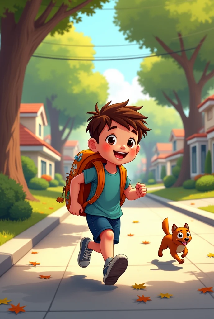 illustration, 8 year old boy running down the street, with school backpack, heading home