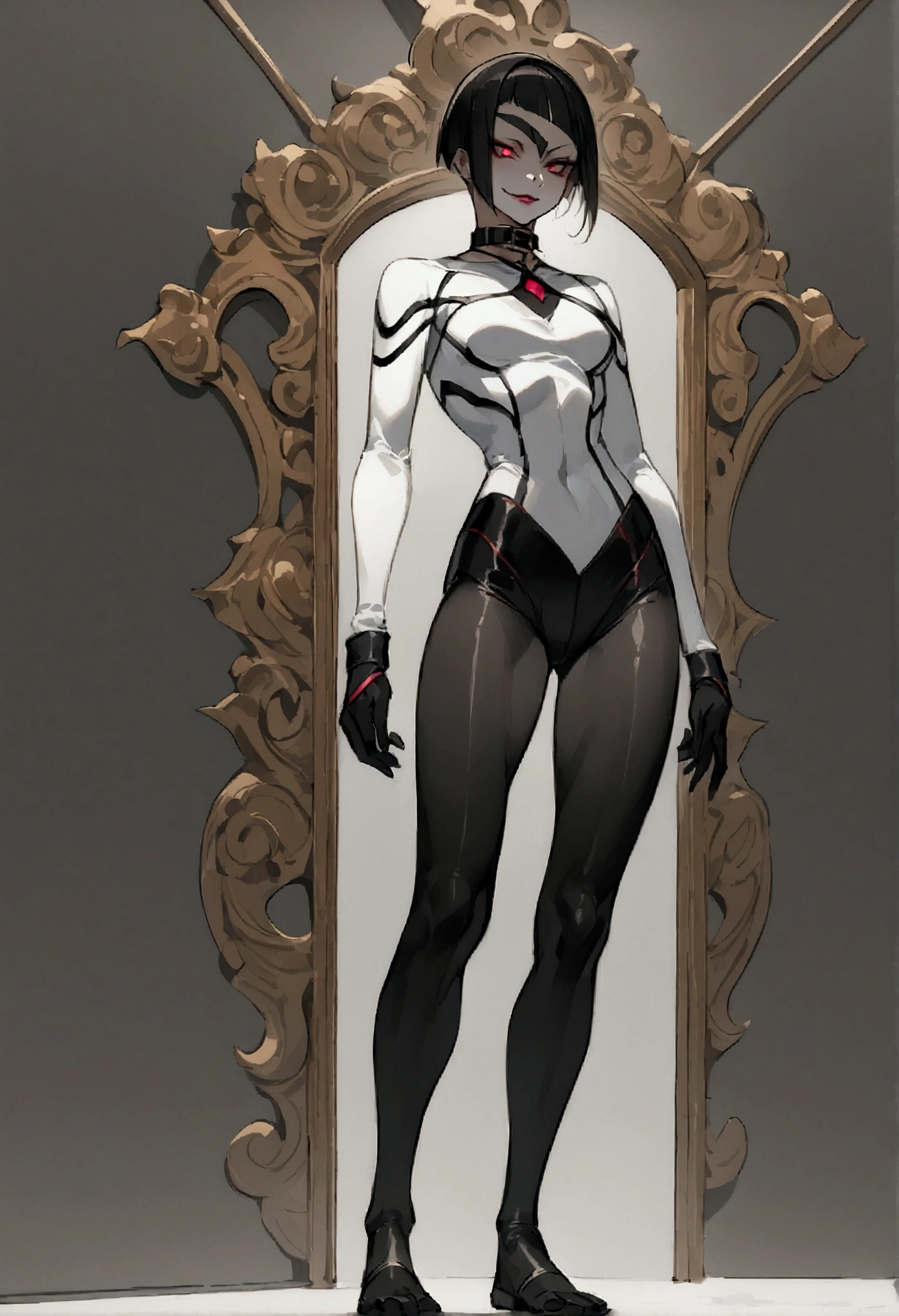 fully body,standing,alone,short hair,work of art,face detailed,young fitness linda,Wearing black pantyhose,tight white sweater with collar ,neckleace,evil smile,red eyes glowing,labiaa,eye shadow,bangs on the eyes,black gloves,