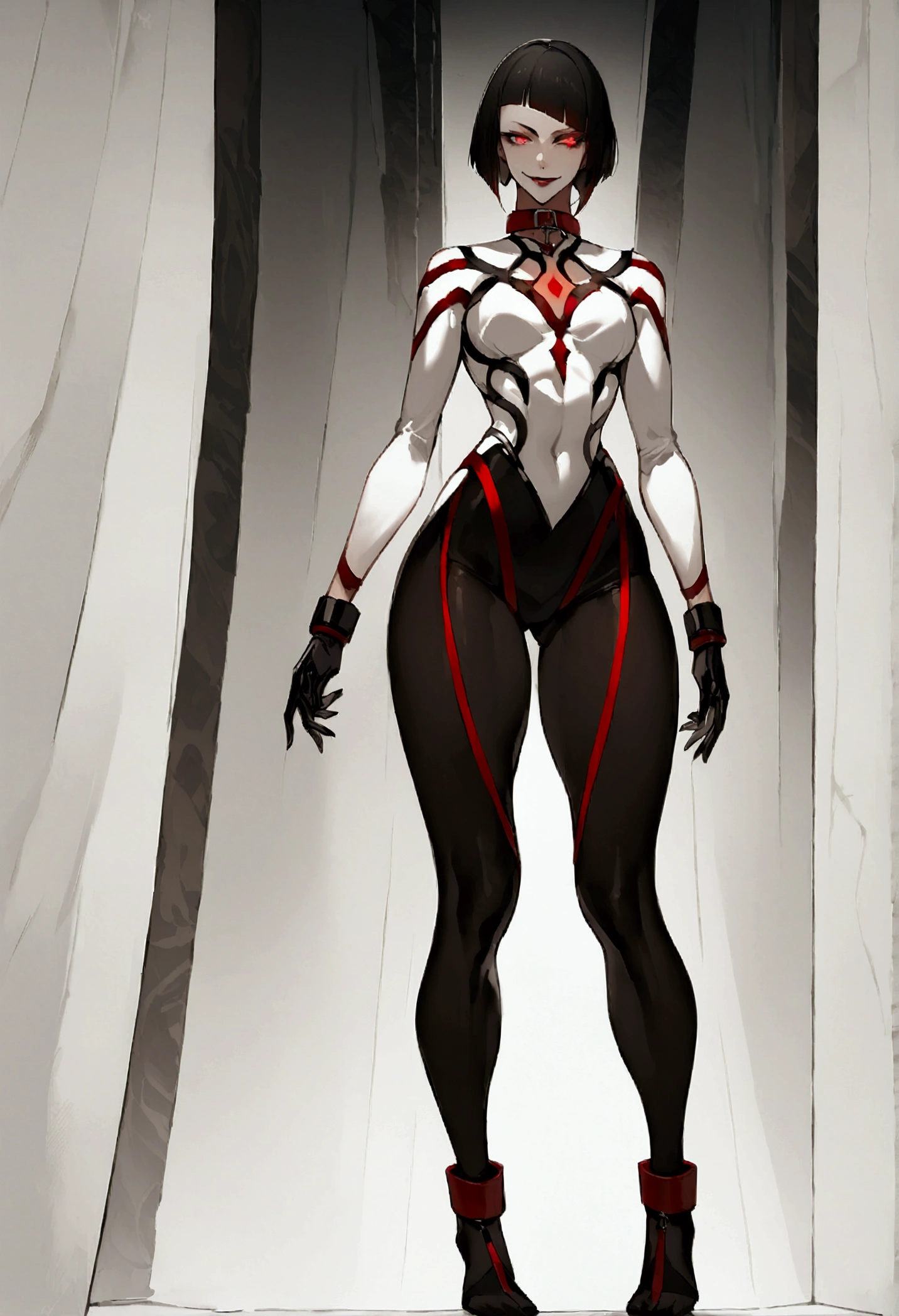 fully body,standing,alone,short hair,work of art,face detailed,young fitness linda,Wearing black pantyhose,tight white sweater with collar ,neckleace,evil smile,red eyes glowing,labiaa,eye shadow,bangs on the eyes,black gloves,
