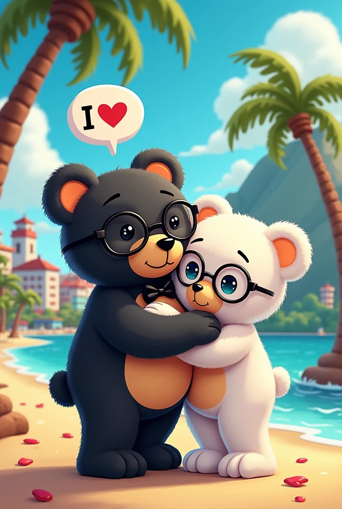 I want a photo with two teddy bears. A teddy bear is black, very chubby, tall, with glasses, wearing a black bow tie. The other teddy bear is white, a little smaller than the other teddy bear and wears round glasses. The two teddy bears are hugging each other and the black teddy bear is saying "I Love You" to the white teddy bear in a baloon text. The environment could be a beach in Rio de Janeiro, cartoon style.