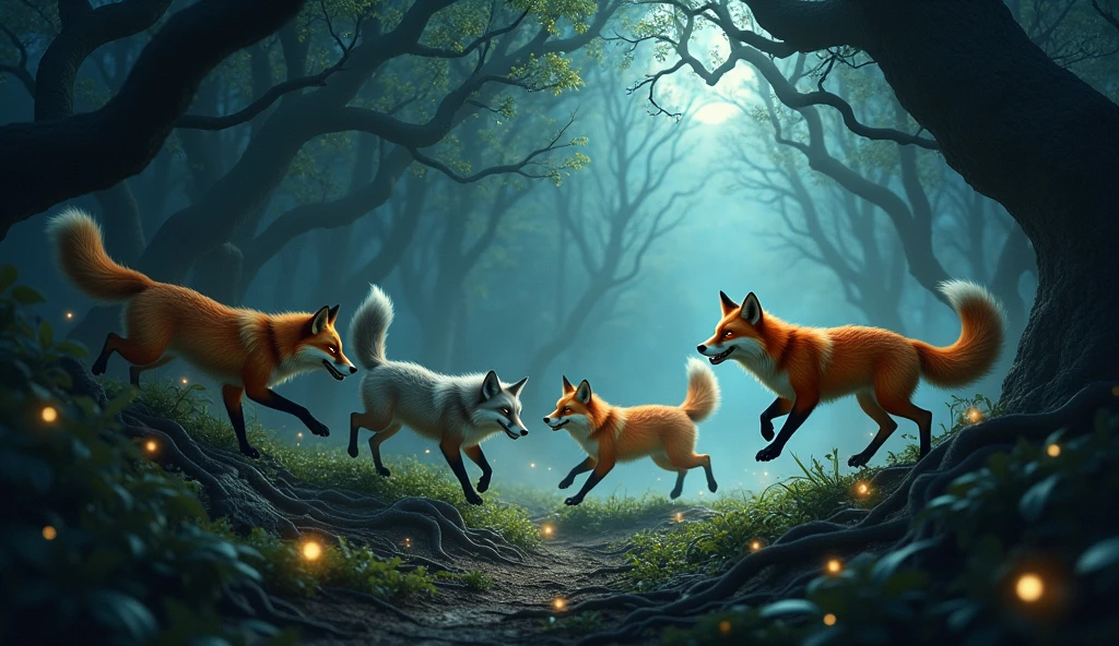 SEVERAL HAPPY FOXES AND WOLVES JUMPING IN THE DARK FOREST