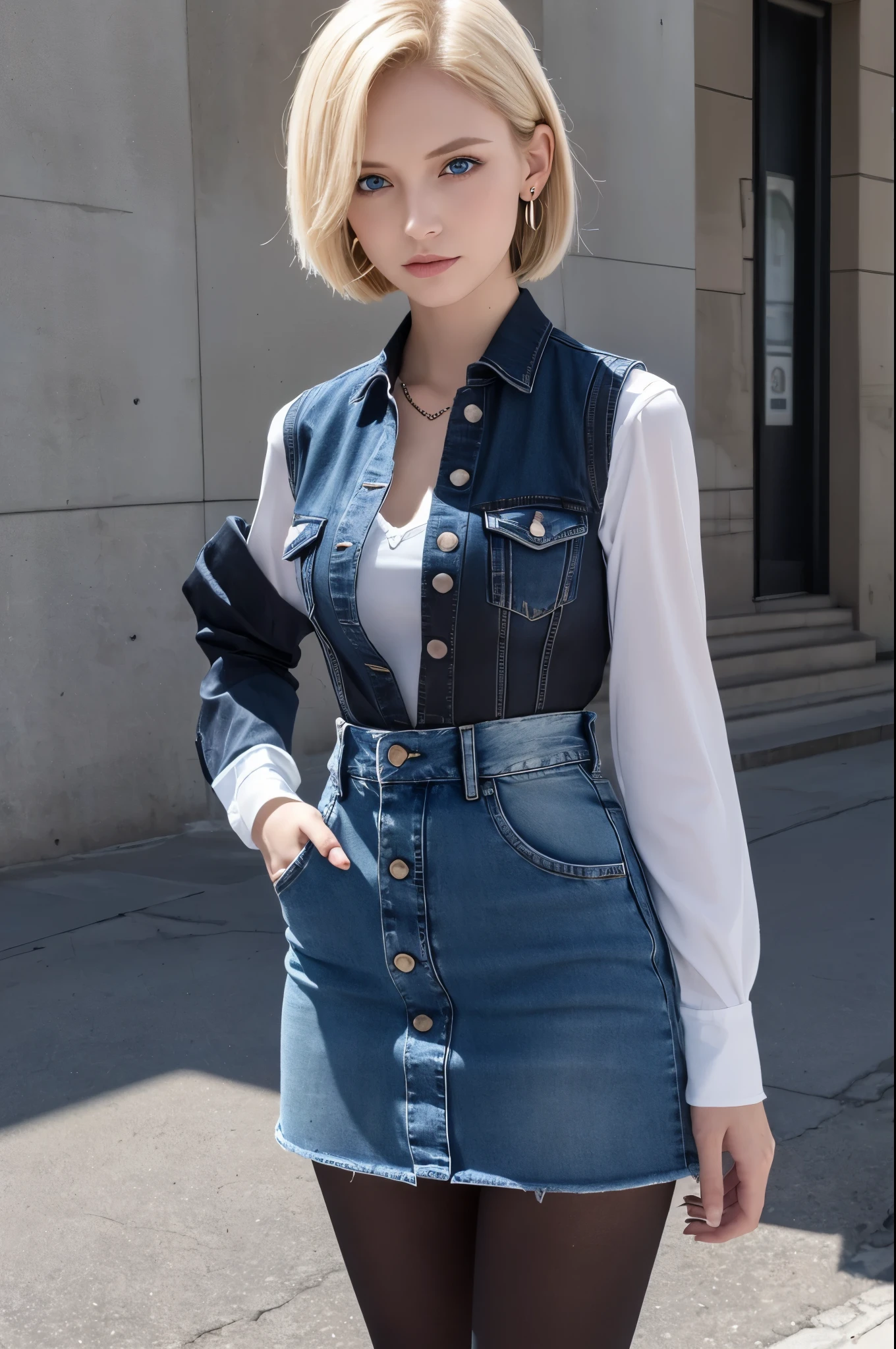 8k,Highest quality, High resolution, AND18, One Girl, Android 18, alone, Blonde, blue eyes, short hair, Earrings, jewelry, Denim dress, Open Vest, Black Pantyhose, Black Shirt, Jeans Skirt, long sleeves with stripes, Blue Skirt, Medium chest, Cowboy Shot, street, (External dilated chest: 1.2) The body's aura is released (Blue white light effect),Highest qualityのフォトリアリスティックRAW写真。Backlight、Cinema Lighting、Film Grain、50mm lens、Nikon D850、Realistic Skin、Fantasy art、Character Art、超High resolution、muscular and slim body、超Realistic Skin、Super Muscular Beauty,smile,Dynamic fighting pose,Clench your fist and get ready,
