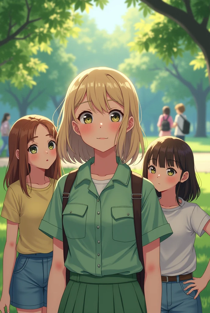 Image looking like she took a picture in the park with friends wearing a light green blonde teenager uniform