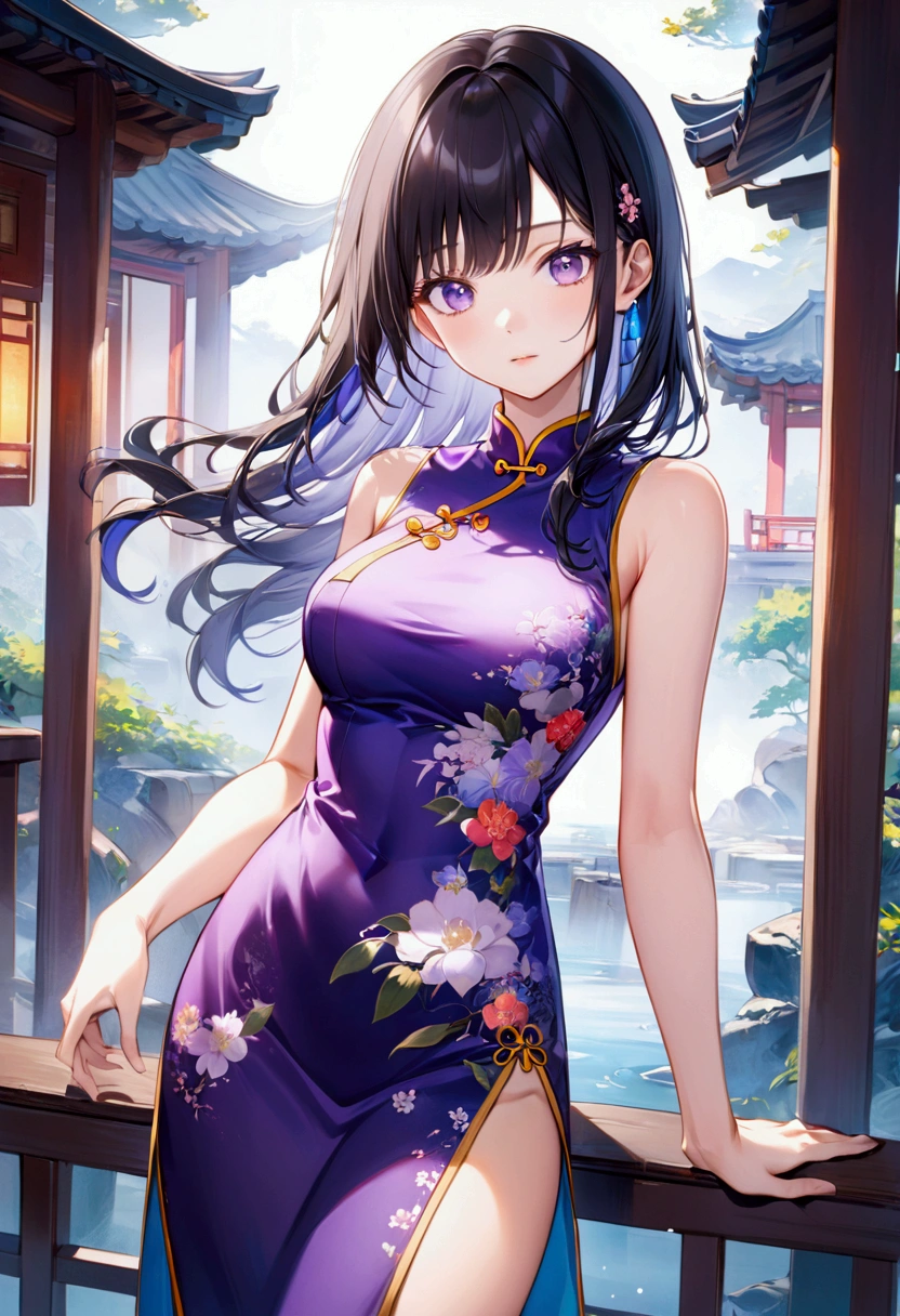 Adult anime girl in with long straight black hair with purple and blue highlights,purple eyes,cheongsam,8k, best quality, professional photo