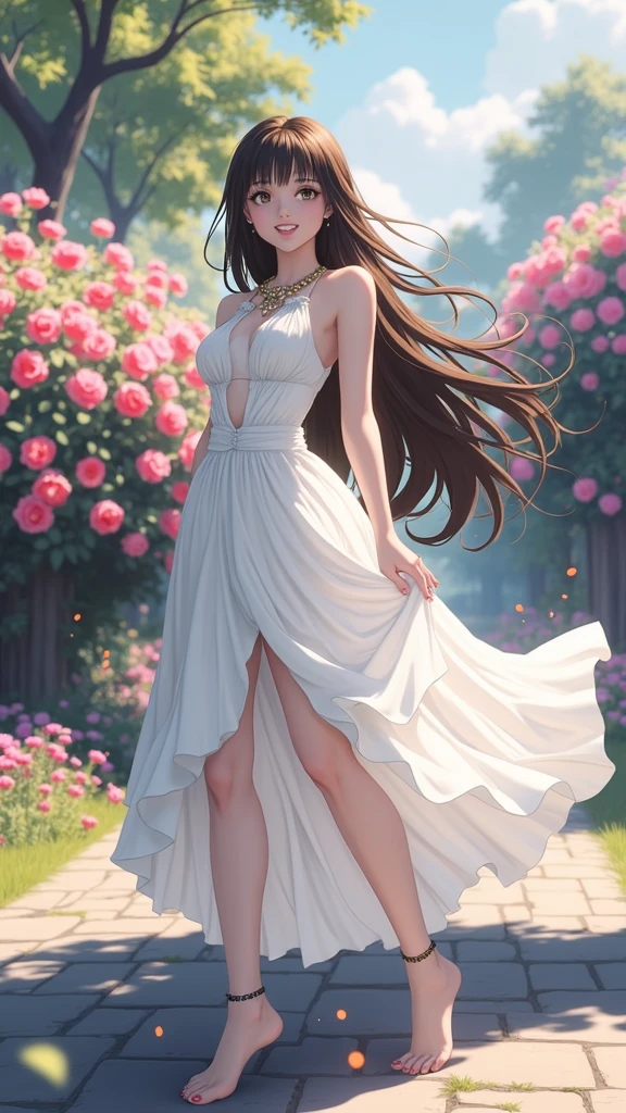 (masterpiece、Highest quality、8k、High resolution)、(One female、Beautiful Face、Beautiful eyes、Beautiful lips、Beautiful nose)、smile、The white upper teeth are faintly visible、Brown-black hair、(The best girl in anime)、garden、blue sky、Colorful flowers are blooming、Vibrant colors、Red roses are beautiful、(Body、whole bodyから神秘的な光の粒子、Colorful light particles、A mysterious light glowing around the head)、melt、jewelry、necklace、dress、(whole body)、Highly detailed anime art、A complete portrayal、