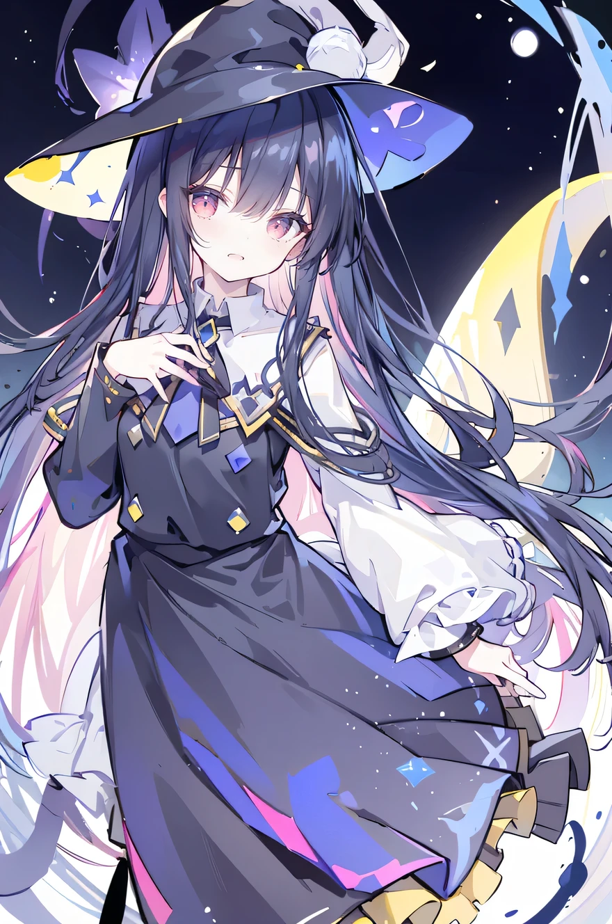 oung Girls,Humanity,A magician always smiles,big witch hat,cute,dark blue long hair,The eyes are dull,The bangs are heavy,Thin eyebrows,fantasy,intake,Double teeth,Star Theme,Constellation pattern,Solid color clothetal decoration,cloak,A bit of a dark atmosphere,A little crazy smile,When the big moon shines outside at night,blood,Hair black star embellishment,Short tie,No nails,High waist skirt,Bell sleeves,Long-sleeved shirt,Black tie,low risk,gentlemen。Mist、Yellow and white effect，Shocking pink as an accent color