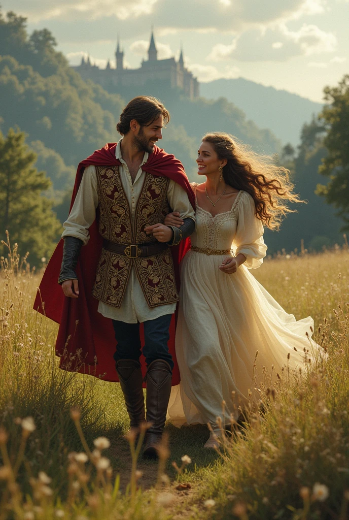 Fairytale Medieval buff prince (not armored) saving princess running away holding each other