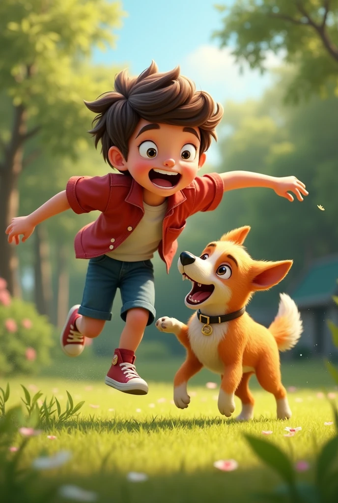 teenager playing with dog