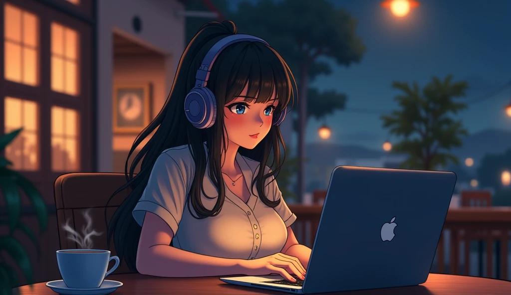 evening、High school girl listening to music in a cozy cafe、Big Breasts、 Use headphones, 2D Style Anime, Lo-Fi, Dimly lit environment、coffee、Working on a Macbook、concentrated、Retro