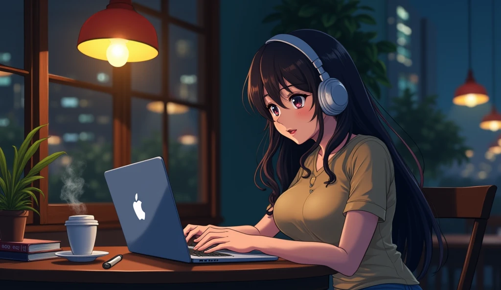 evening、High school girl listening to music in a cozy cafe、Big Breasts、 Use headphones, 2D Style Anime, Lo-Fi, Dimly lit environment、coffee、Working on a Macbook、concentrated、Retro