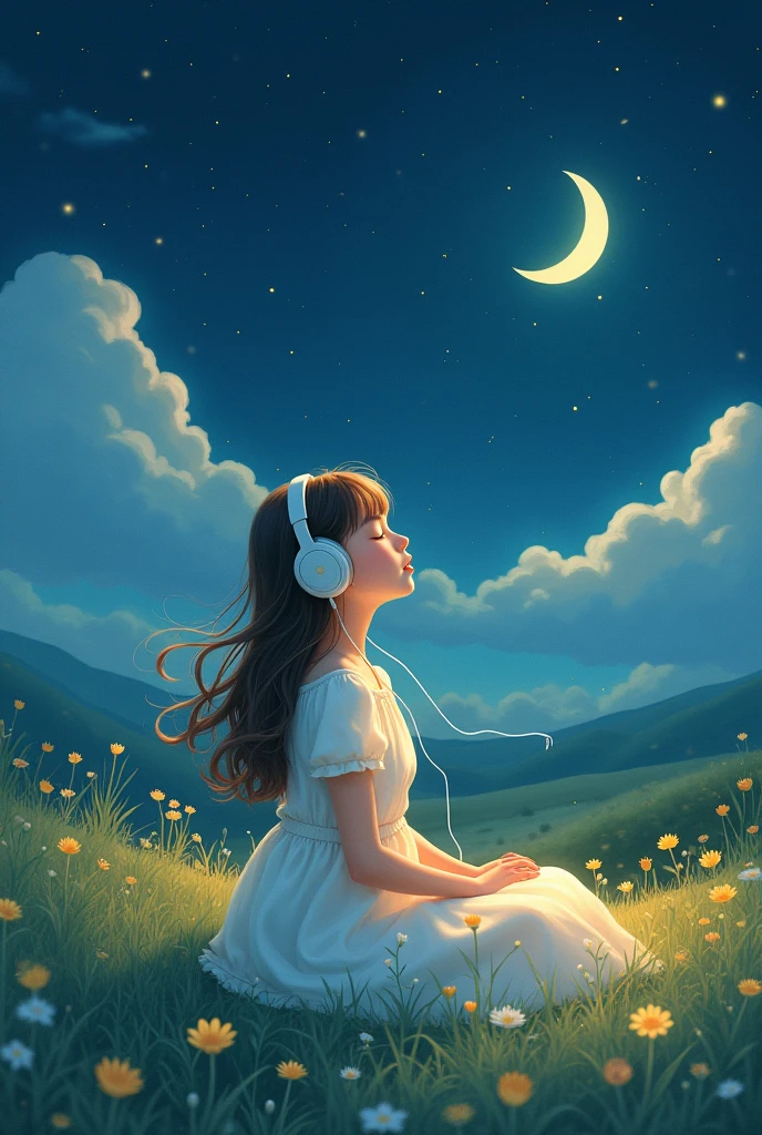 A cute girl enjoying music in heavenly night