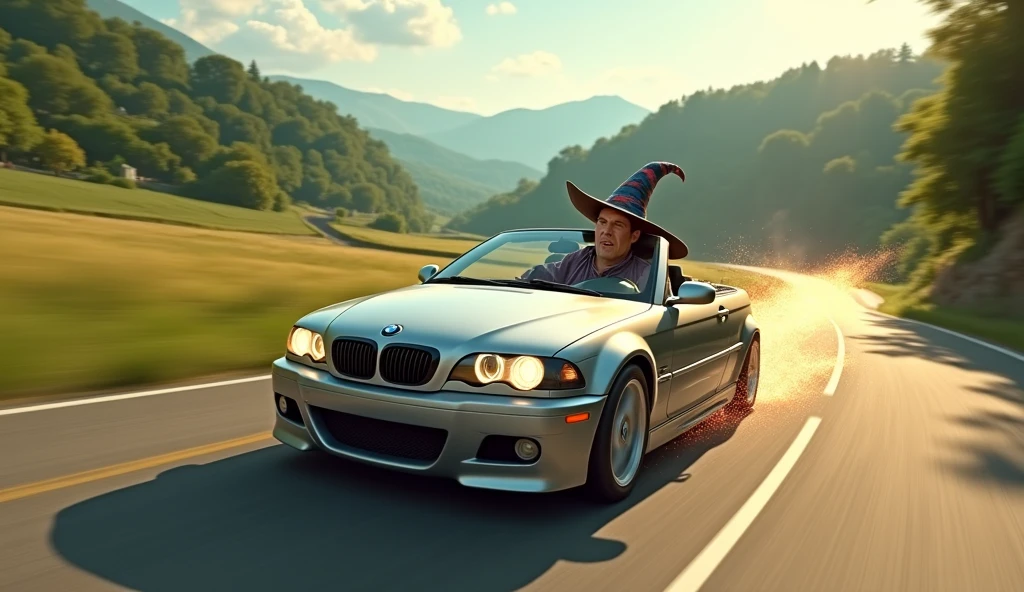 Im Stil von Pixar 3D-Animations-Filmen. A silver BMW E46 Compact races along a country road, spraying sparks behind it. He is driven by an aggressive skinny wizard.