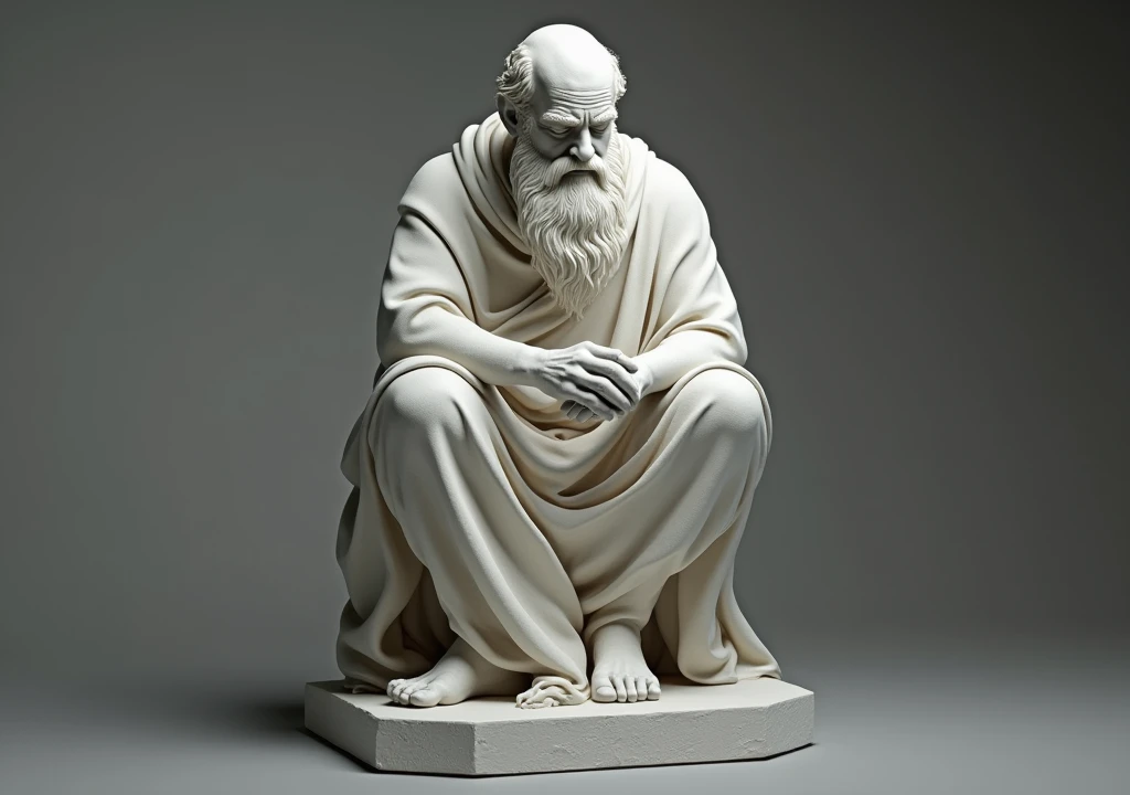 stoicism, motivation, stoic marble statue thinking, calm, sitting, robe, long beard, aged, full body, hyper-realistic, 8k, incredible, beautiful, frightening,
