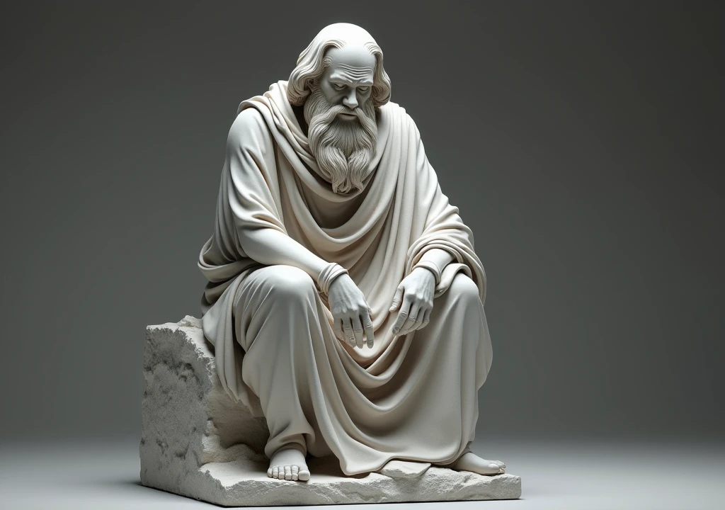 stoicism, motivation, stoic marble statue thinking, calm, sitting, robe, long beard, aged, full body, hyper-realistic, 8k, incredible, beautiful, frightening,
