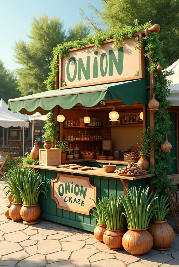 Generate an image of a decorated stand for an Expo selling an onion dip called onion craze that is somewhat rustic with green and white colors but that impresses with the small details that it will have but at the same time that it is not so professional that it only has one table and you have many things related to onions that does not have a roof or anything like that.