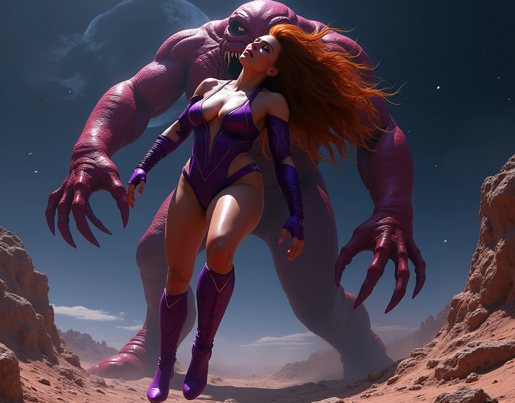 (1girl: beautiful voluptuous ((Starfire)), 19yo, ((deeply tanned olive skin:1.2), ravishing (extremely long ginger hair to her ankles:1.2), deep purple superhero leotard with V-neck plunging down past her navel, (exposed pussy:1.4), best thigh gap, long toned legs, deep purple superhero thigh-high boots, exposed very fit flat stomach, huge natural breasts barely contained by the outfit, beautiful detailed eyes, beautiful detailed lips, most detailed gorgeous face), pain expression BREAK held in the air by a lascivious tentacle monster with many phallic tentacles penetrating her every orifice by ravaging her pussy, exploring her body,defiling her anus, invading her mouth, tearing her clothes off her, shoving many tentacles into her, filling her body with tentacle monster ejaculate, lecherous, extremely detailed) BREAK vitiated, explicit, adults only, provocative, tempting, blatant sex, erotic, sensual, rousing, fantasy, sci-fi, dark, dramatic lighting, mature themes, chiaroscuro, cinematic, dramatic, unsettling, (best quality,4k,8k,highres,masterpiece:1.2),realistic physics,ultra-detailed,(realistic,photorealistic,photo-realistic:1.37),(best tentacle porn ever:1.5), so real viewer cannot tell it is a photo, best focus, best angle BREAK barren distant planet surface, rocky terrain, no atmosphere, objects in space clearly visible above the horizon BREAK Starfire is exhausted from being fucked senseless and can barely hold on but squeezes the tentacles with her body to make the monster cum and die from overspending his essense into her