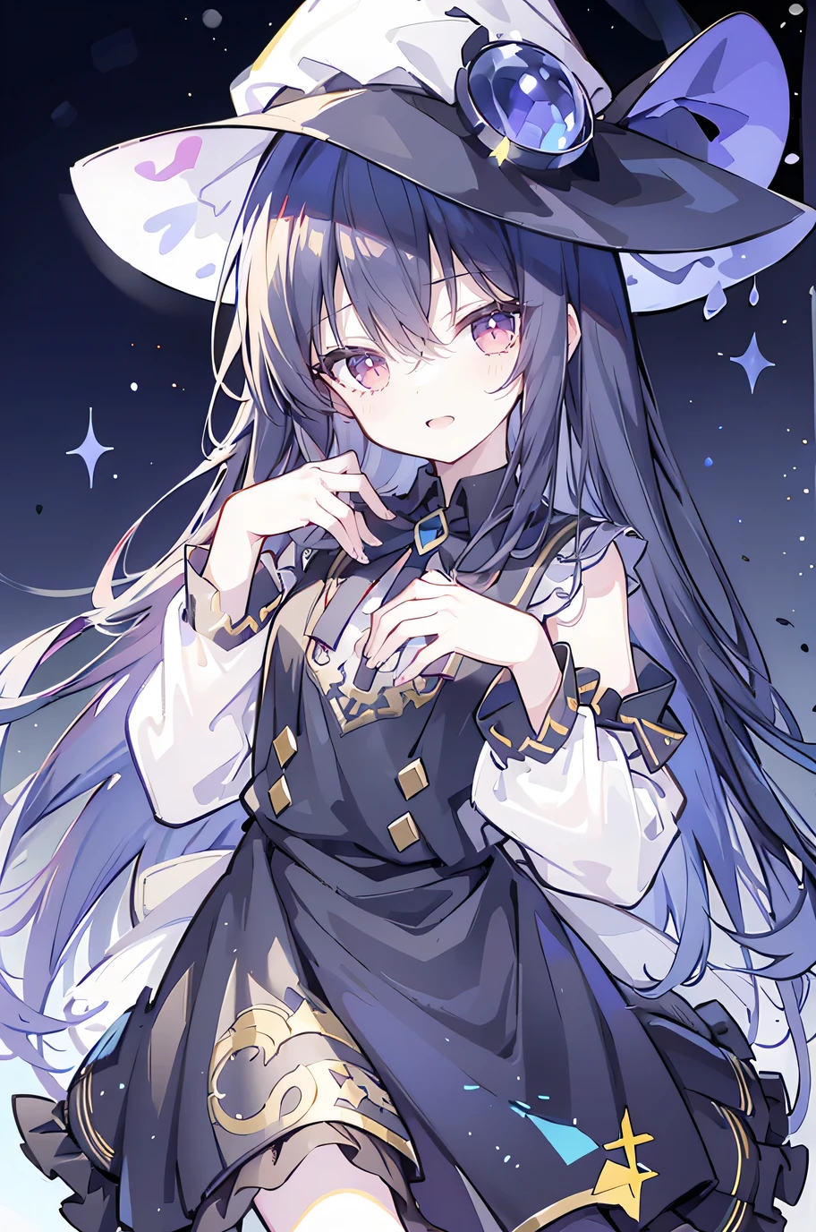 oung Girls,Humanity,A magician always smiles,big witch hat,cute,dark blue long hair,The eyes are dull,The bangs are heavy,Thin eyebrows,fantasy,intake,Double teeth,Star Theme,Constellation pattern,Solid color clothetal decoration,cloak,A bit of a dark atmosphere,A little crazy smile,When the big moon shines outside at night,blood,Hair black star embellishment,Short tie,No nails,High waist skirt,Bell sleeves,Long-sleeved shirt,Black tie,low risk,gentlemen。Mist、Yellow and white effect,Shocking pink as an accent color