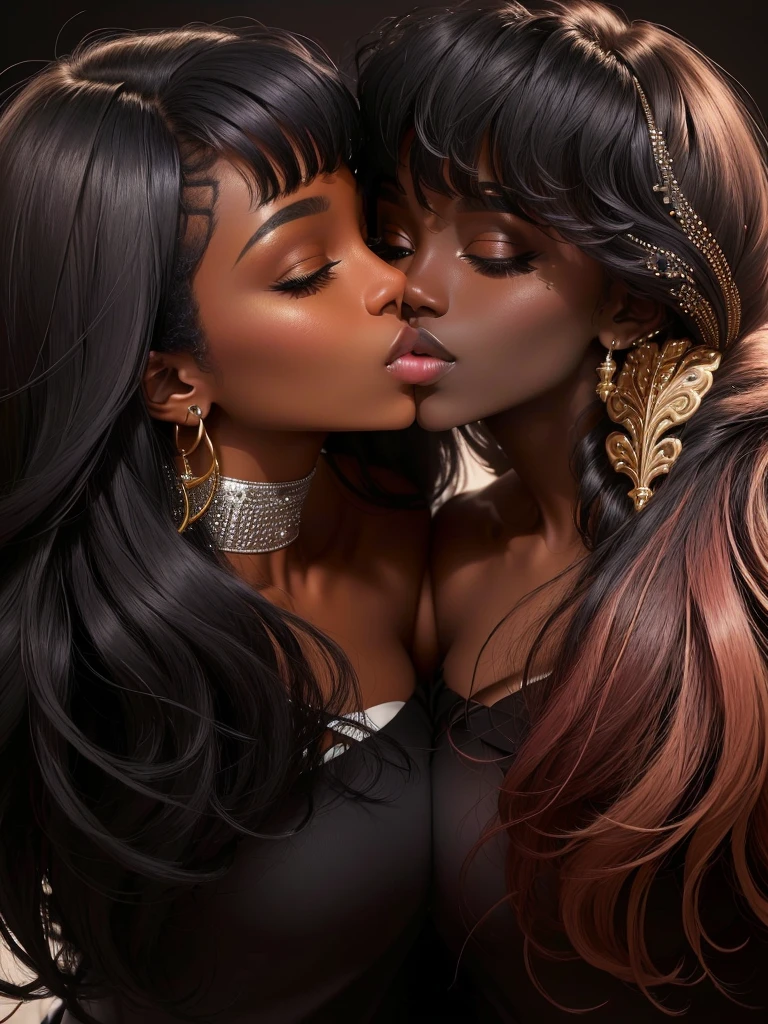 Two women kissing each other in a photo, lovely kiss, kiss mouth to mouth, couple kissing, kissing together cutely, dark skin, ( ( dark skin ) ), kissing together, making out, by Chinwe Chukwuogo-Roy, kissing, dark black skin, the kiss, kissing each other, photoshoot, beautiful artwork, black skin