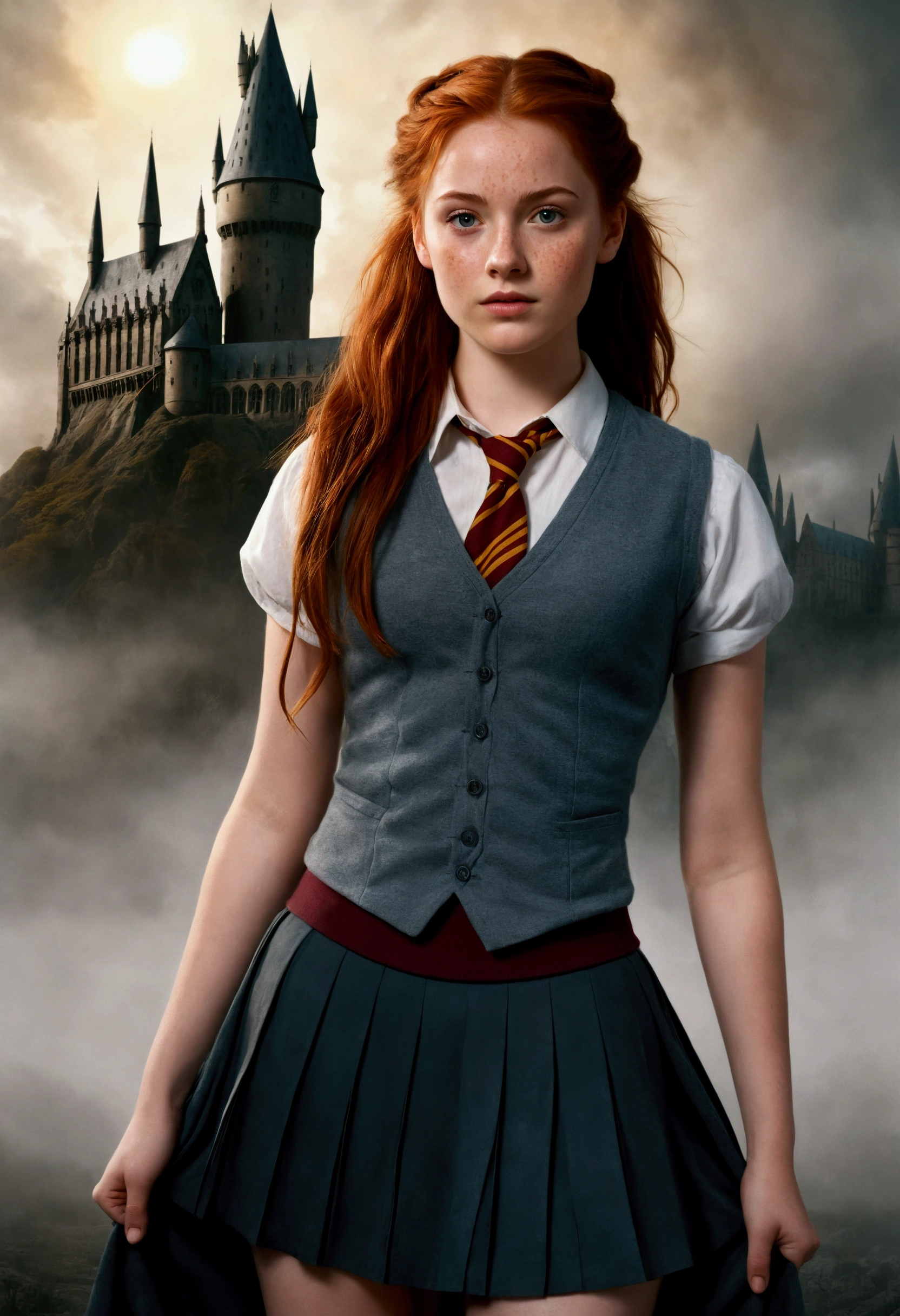 An illustrated movie poster, hand-drawn, full color, a female Hogwarts student, 18 years old, wearing a charcoal vest and a pleated skirt, tall, toned, amazonian stature, athletic hourglass figure, full wide hips, massive round butt, long shapely legs, ridiculously thick powerful thighs, deep dark auburn hair, messy ponytail, flushed sun-kissed complexion, freckles, resembles Deborah Ann Woll, standing in front of Hogwarts Castle, surrounded by mist, graphite shading, stencil marks, airbrushed acrylic paint, masterpiece, in the Deathly Hallows