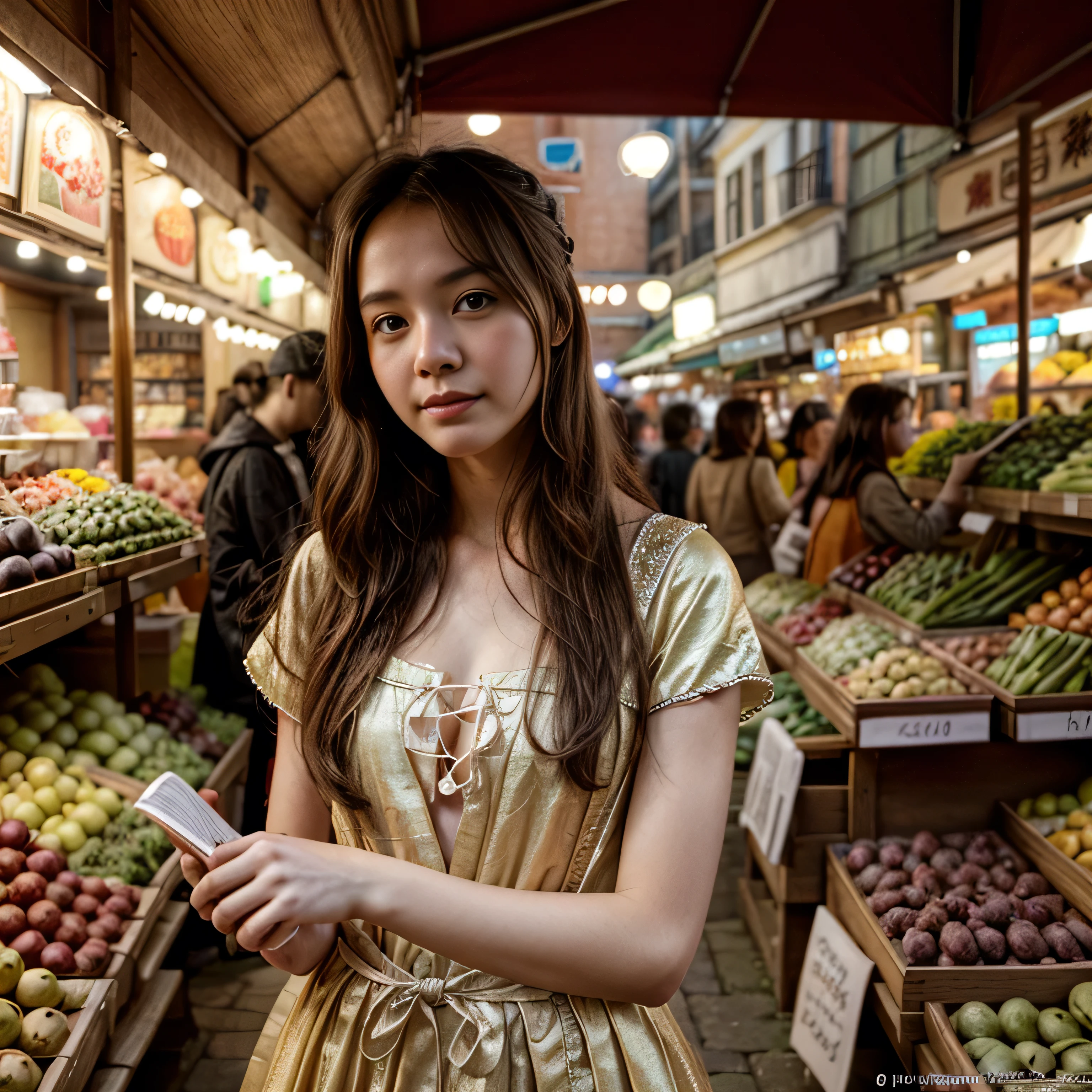 a girl, in ancient costume, hanfu, in a ancient market 1200 A.C