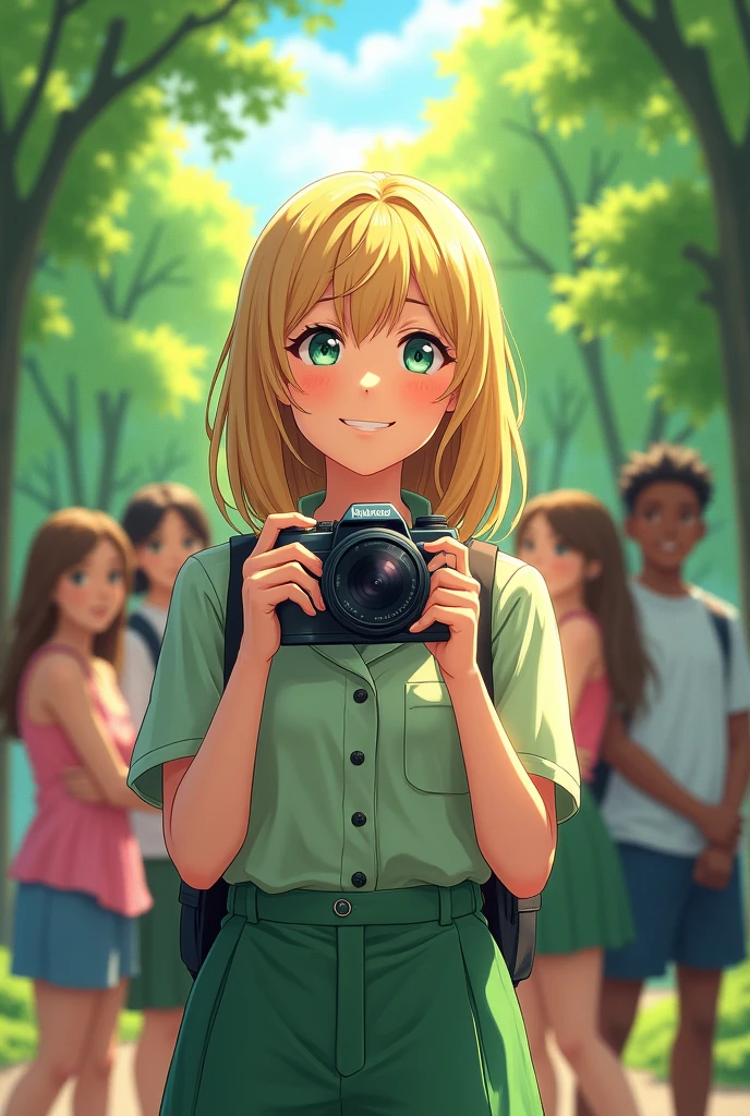 Image looking like she took a picture in the park with friends wearing a light green uniform of a realistic blonde teenager