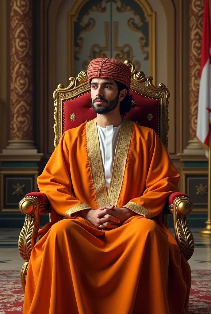 Young man wearing Tunisian clothes sitting on the presidential chair