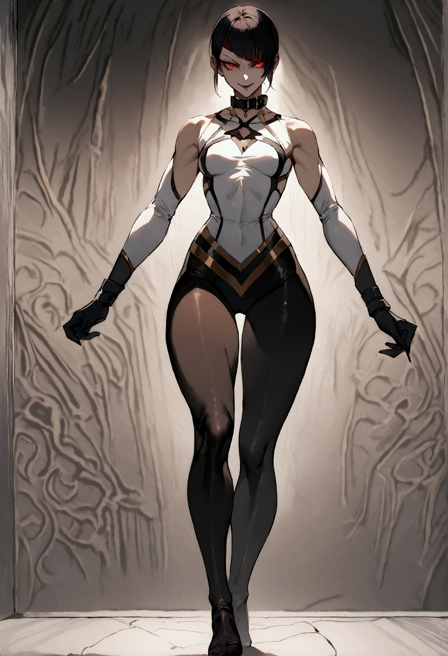 fully body,standing,alone,short hair,work of art,face detailed,young fitness linda,Wearing black pantyhose,tight white sweater with collar ,neckleace,evil smile,red eyes glowing,labiaa,eye shadow,bangs on the eyes,black gloves,
