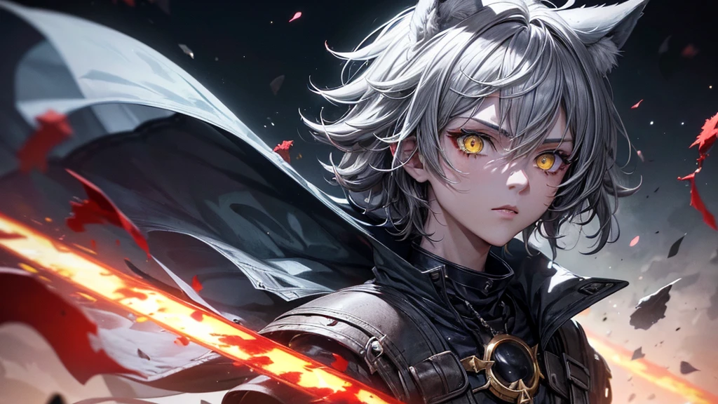 tomboy girl, handsome, (masterpiece:1.2、highest quality), (Exquisite eyes: 1.2), (Detailed Background、Dark fantasy), (cute detailed face), High Contrast, (Best lighting、Very delicate and cool), ((Cinema Lighting) )), black coat with white dirty dress, blood splatter, colorful, Hyper Detail, Dramatic Light, Intricate details, blue moon behind (20 years old, 1 girl, solo, white short hair, white messy hair, pony in left ,Sharp Face, red eyes, white hair between the red eyes, Dynamic Angle), (Blood splatter:1.4), Black light swirling around the character, Depth of written boundary, blue light particles, Nightcore, black magician, Spectacular anime style, zerochan art, Anime Wallpaper, Burning, High quality anime art style, Key Anime Art