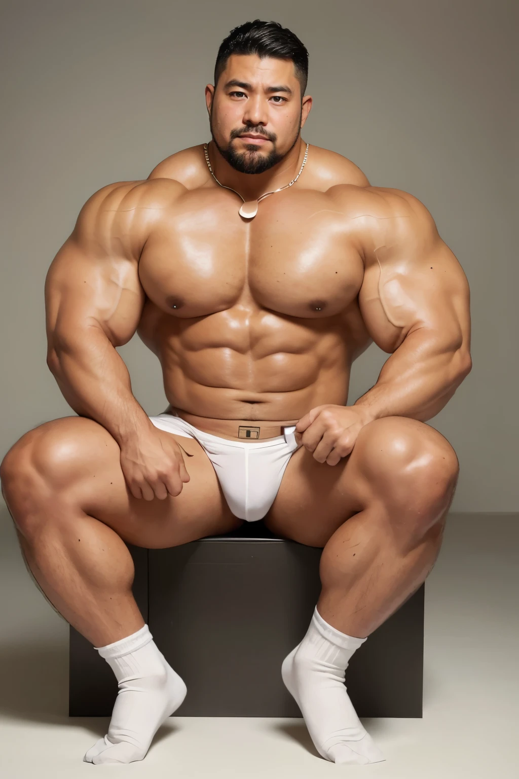 Thirty-year-old male,short hair,Deeply expressive face,Bronzed skin,Strong body,Bodybuilder figure,pectoralis major,Thick abs,Stout limbs,One meter nine height,Wearing white athletic socks,Professional characteristics of principals,Loincloth,Slight goatee,Sitting on the podium and speaking,Serious expression,A tie around his neck,full-body shot,Feet on the ground