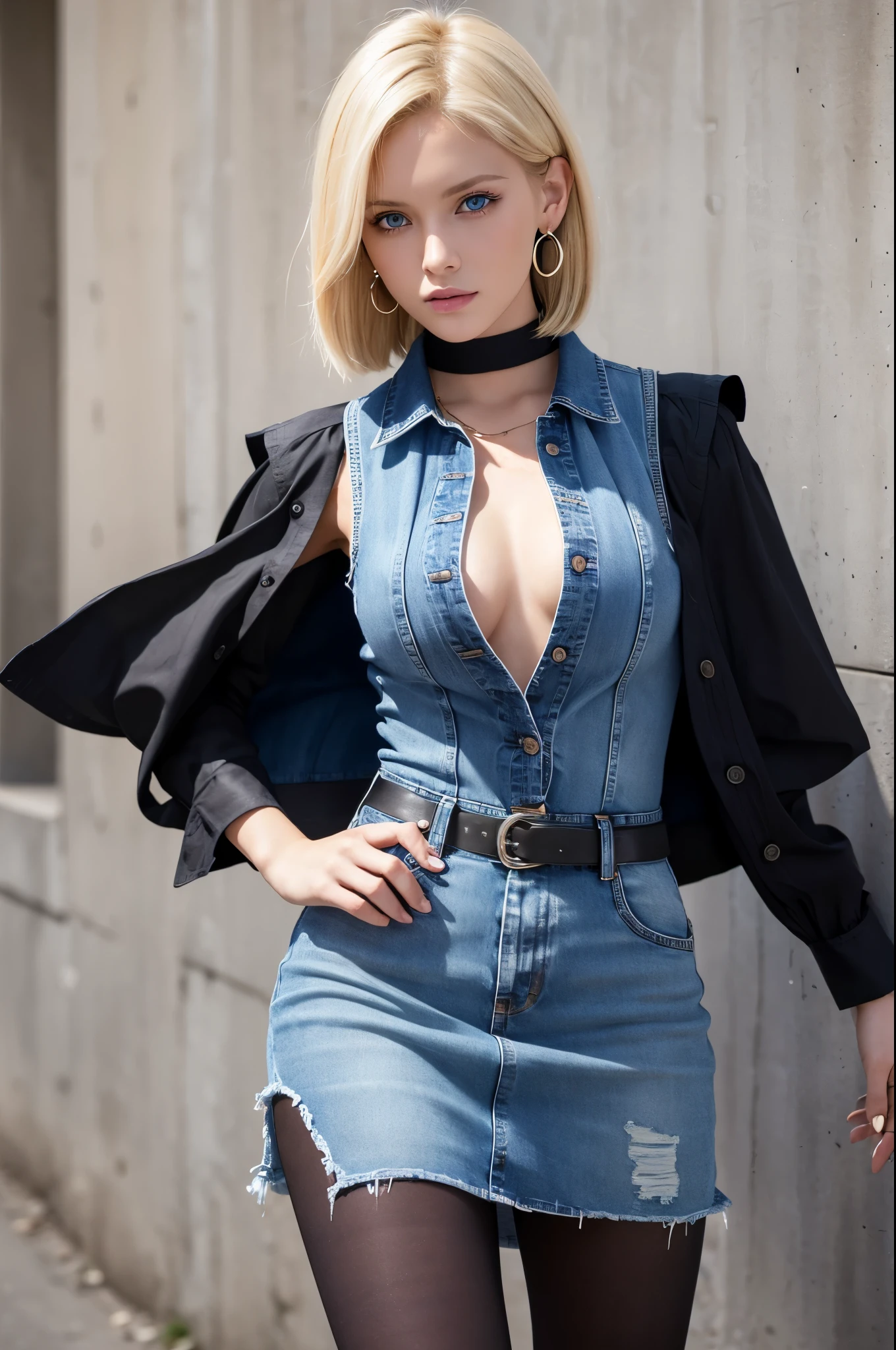 8k,Highest quality, High resolution, AND18, One Girl, Android 18, alone, Blonde, blue eyes, short hair, Earrings, jewelry, Denim dress, Open Vest, Black Pantyhose, Black Shirt, Jeans Skirt, long sleeves with stripes, Blue Skirt, Medium chest, Cowboy Shot, street, (External dilated chest: 1.2)　The body&#39;s aura is released　(Blue white light effect),Highest qualityのフォトリアリスティックRAW写真。Backlight、Cinema Lighting、Film Grain、50mm lens、Nikon D850、Realistic Skin、Fantasy art、Character Art、超High resolution、muscular and slim body、超Realistic Skin、Super Muscular Beauty,smile,Dynamic fighting pose,Clench your fist and get ready,