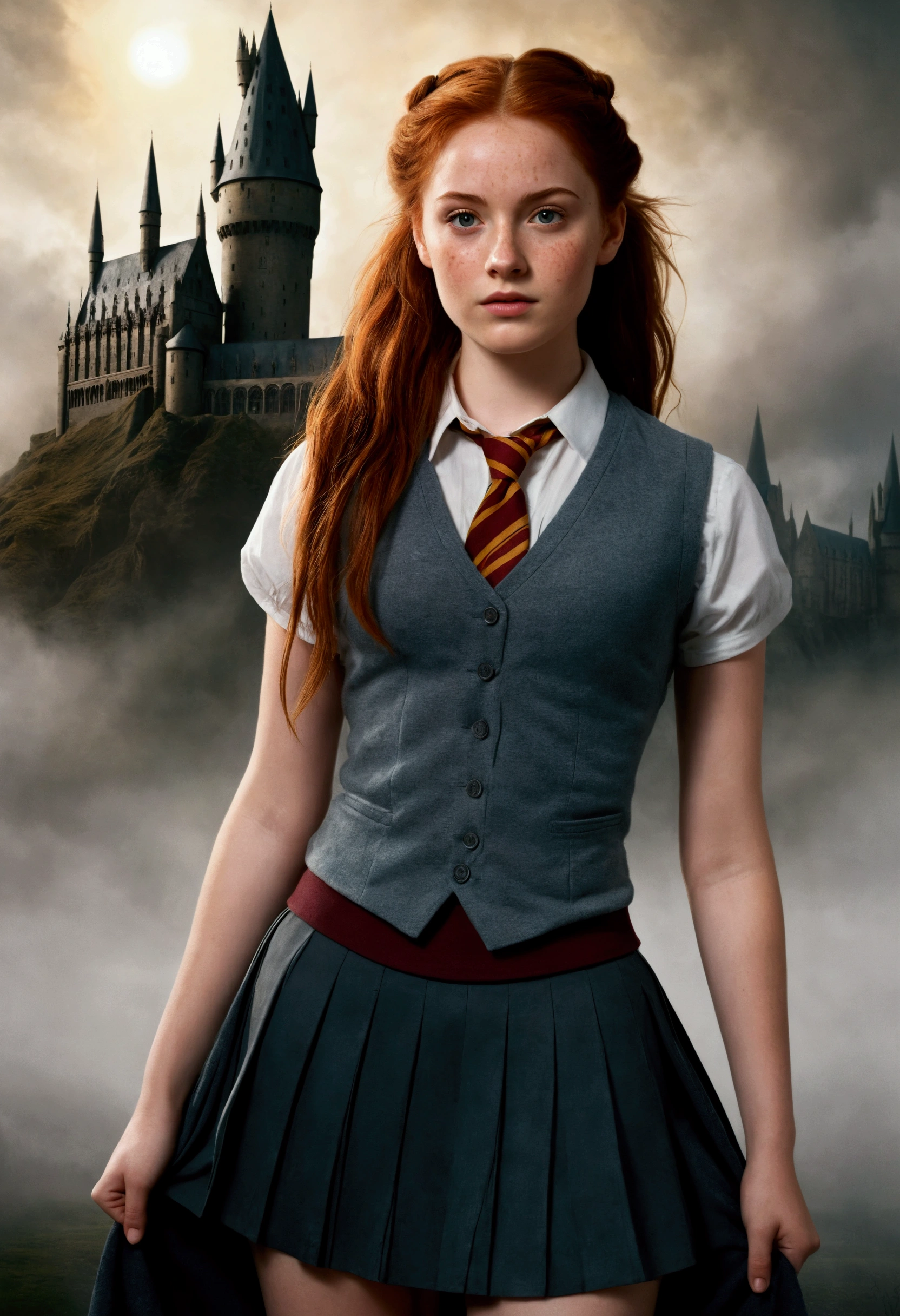 An illustrated movie poster, hand-drawn, full color, a female Hogwarts student, 18 years old, wearing a charcoal vest and a pleated skirt, tall, toned, amazonian stature, athletic hourglass figure, full wide hips, massive round butt, long shapely legs, ridiculously thick powerful thighs, deep dark auburn hair, messy ponytail, flushed sun-kissed complexion, freckles, resembles Deborah Ann Woll, standing in front of Hogwarts Castle, surrounded by mist, graphite shading, stencil marks, airbrushed acrylic paint, masterpiece, in the Deathly Hallows
