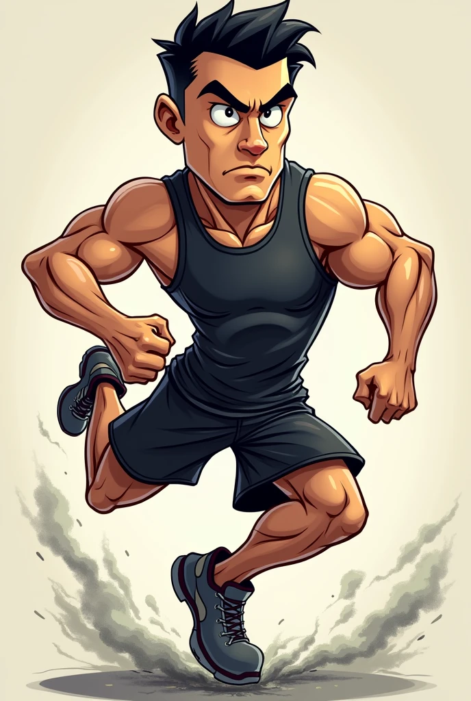 Man turned around, Caucasian skin, Bblack hair, athletic body, black jersey. Cartoon effect
